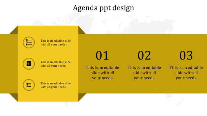 Yellow agenda design with three vertical icons on the left and three numbered sections, 01 to 03, horizontally aligned.