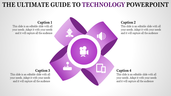 Technology-themed slide featuring a purple flower-like graphic with a video camera icon at the center and four captions.