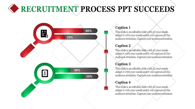 PowerPoint template showing the recruitment process with colored magnifying glasses and progress bars with captions.