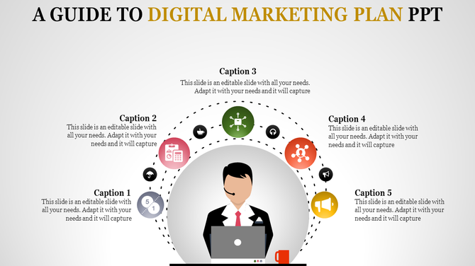 Illustration of a businessperson with a laptop, surrounded by five circular icons representing digital marketing elements.