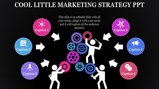 PowerPoint template showcasing a creative marketing strategy with colorful icons and gears with captions on a dark theme.