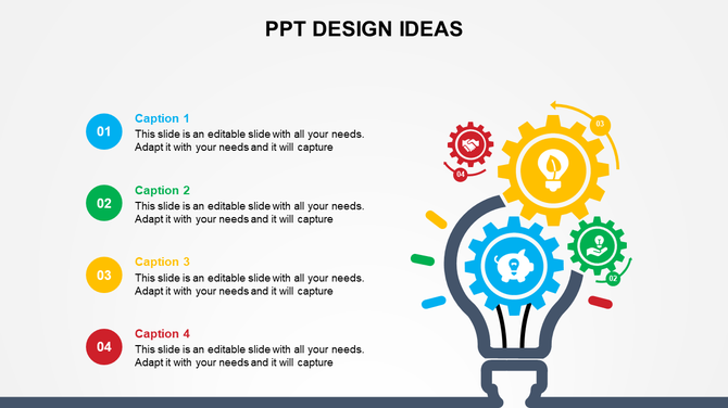 The slide shows four colorful numbered captions areas and gear icons forming a lightbulb shape on a white background.