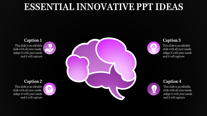 Innovative PowerPoint ideas with a purple brain graphic representing creative thinking and lightbulb icons.
