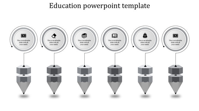 Creative education template with six gray pencils supporting circular infographic elements and academic icons.