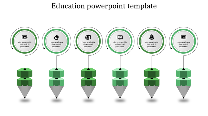 Slide featuring six hanging pencil shapes in green tones, each linked to a circular icon with text placeholders above.