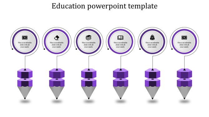 Purple themed education PowerPoint template with six pencil models each connected with circles and placeholder text.
