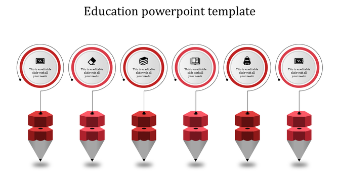 Education infographic with red pencil-shaped elements supporting circular icons for various academic and learning themes.