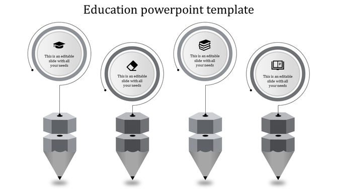 Four interconnected steps with circular icons and gray pencil visuals, highlighting education related content.