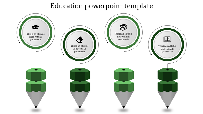 Education slide with icons representing academic elements, including a graduation cap, books, and a pencil design.