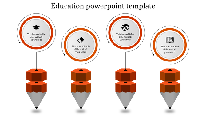 Four pencil shaped designs with orange tops, connected to circular frames, showcasing educational icons in a linear format.