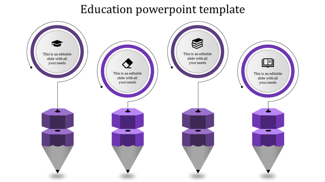 Education purple pencil infographic PowerPoint template featuring icons for graduation, a file, books, and a notebook.