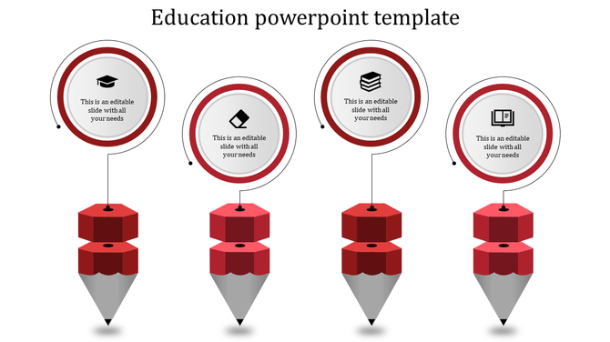 Educational themed diagram featuring four stacked red pencils, each connected to circular sections with academic icons.