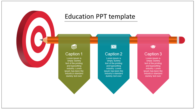 Education-themed graphic showing a target and pencil with three hanging banners, each with an icon and text.