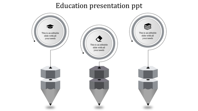 White background with three orange pencil like shapes connected to circular icons for education topics.