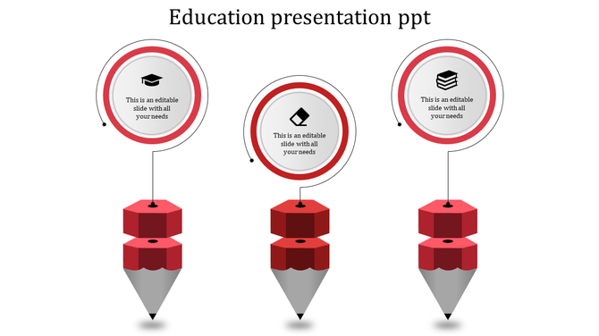 Three red pencil shaped designs with circular icons above, showcasing education themed symbols and text areas.
