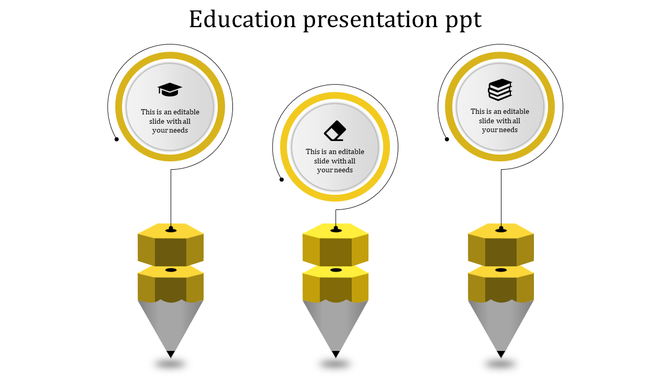 Educational PowerPoint template with three pencil themed icons, each linked to a circular area for text.
