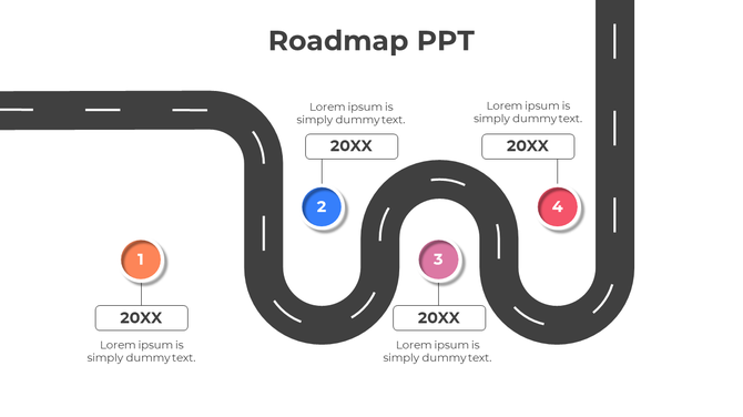 A colorful roadmap with four steps, each marked with numbers and space for descriptions and dates in a PowerPoint template.
