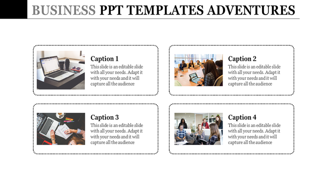 Business slide with four images of work and meetings, each paired with captions in outlined rectangular boxes.