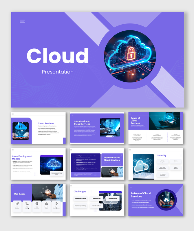 Cloud computing with slides on cloud services, deployment models, security, use cases, challenges, and future trends.