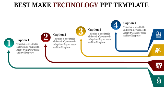 Technology slide with four numbered circles in green, red, yellow, and blue, connected by arrows, with captions and icons.