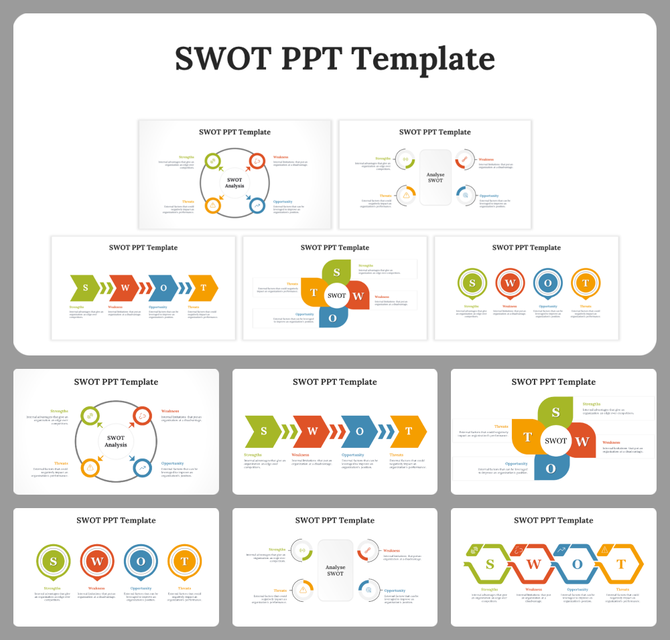 Multiple slide designs showcasing SWOT analysis with arrows, circles, and vibrant icons on a gray background.