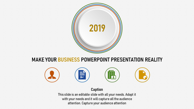 Centered circular design with vibrant colored rings surrounding 2019 text, and icons below in orange, blue, green, and gold.