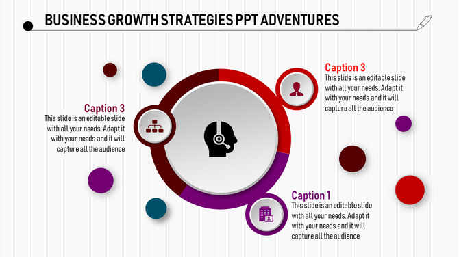 PowerPoint slide with a central circle representing business growth strategies and surrounding colorful circles with icons.