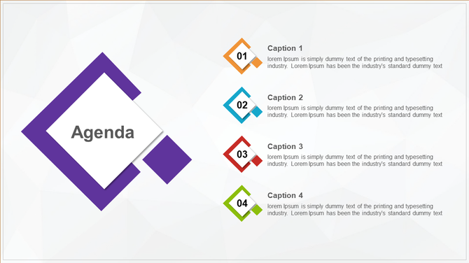 Modern agenda PowerPoint slide with a large purple diamond shape and colorful captions for different sections.