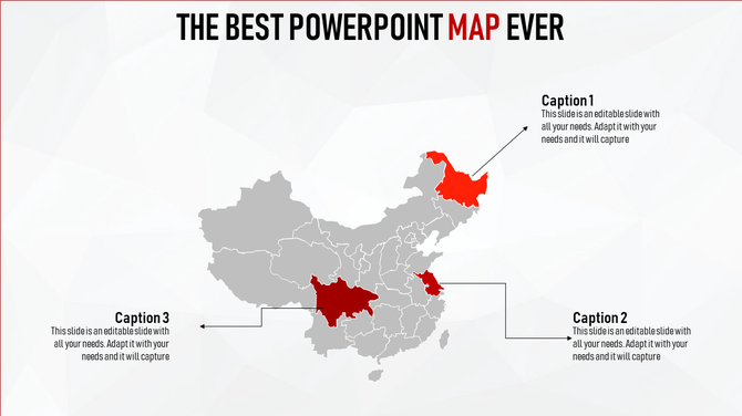 Map of China highlighting specific regions with captions for PowerPoint presentations.