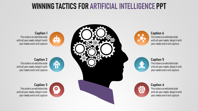 Artificial intelligence slide featuring a human head silhouette with gears symbolizing AI concepts and surrounding icons.