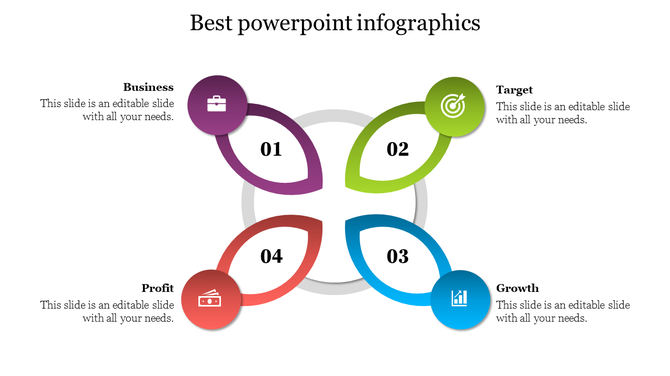 Petal styled infographic with purple, green, blue, and red sections, displaying business related concepts and goals.