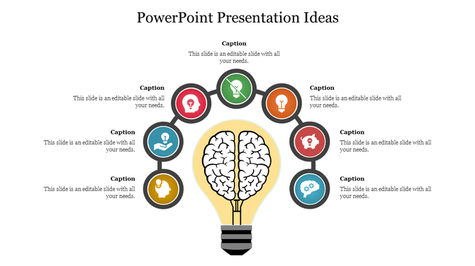 PowerPoint slide with a lightbulb-brain and eight icons around it for presentation ideas, each with a caption.