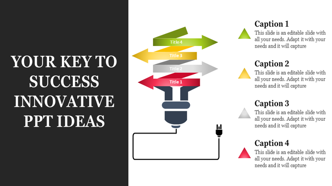 PowerPoint slide with an image of colorful arrows pointing to a light bulb, symbolizing innovative ideas with captions.