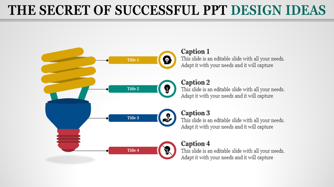 Creative slide with a light bulb illustration, featuring four captions, each with a title and icon with four caption areas.