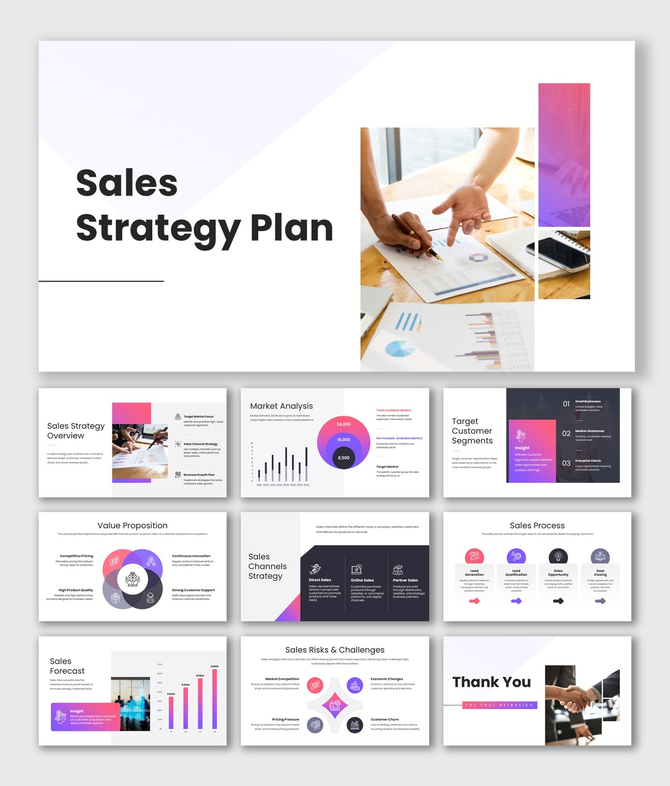 Sales Strategy Plan slides with gradient theme, charts, market analysis, customer segments, sales process, and forecast.