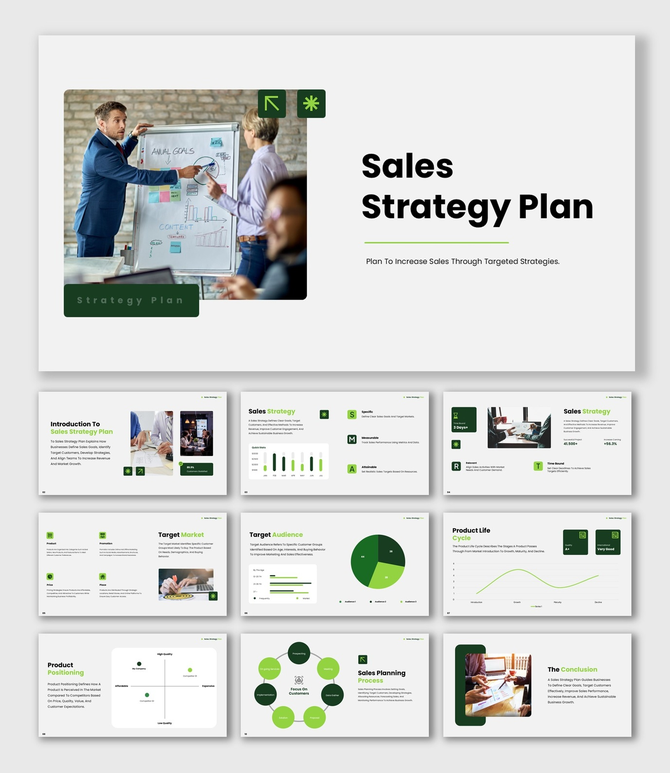 Sales Strategy Plan presentation with green color theme, KPI charts, target icons, and modern business layout.