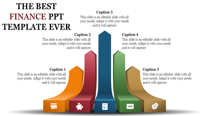 Finance slide featuring five colorful segments labeled for various financial topics, with icons and captions.
