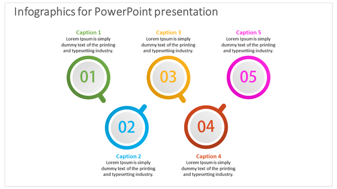 Circular infographic with steps labeled 01 to 05 in vibrant colors, each connected to brief text descriptions.
