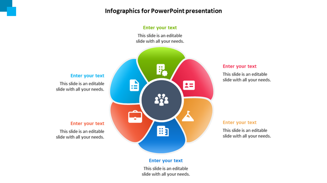 Infographic slide with a flower shaped design, showcasing six segments and a central circle with an icon.