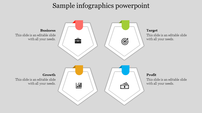 Infographic slide featuring four pentagon shapes labeled business, target, growth, and profit, each with a colored tab.