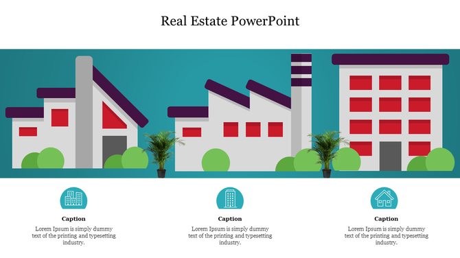 Illustrative slide featuring a house, factory, and apartment with greenery on a teal background, and three captions below.