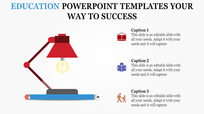 Creative educational infographic with a red lamp, glowing bulb, pencil base, and icons representing books and learning tools.