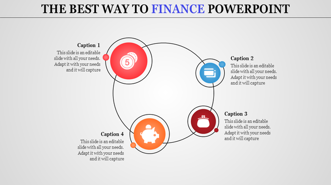 Finance PowerPoint slide with circular icons representing finance topics with captions.