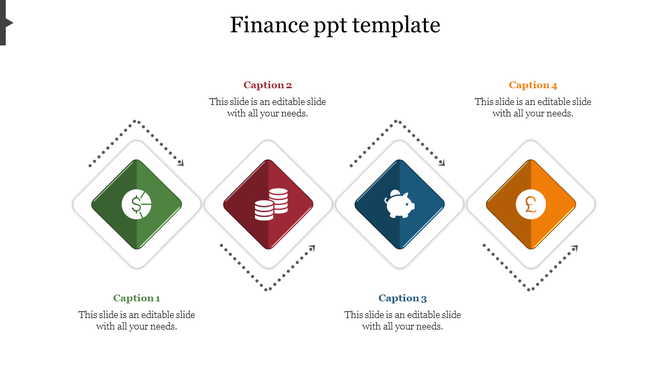 Finance slide with a layout of four colored diamond shapes in green, red, blue, and orange, arranged horizontally.