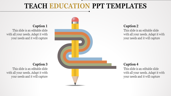 Education PPT template featuring a pencil wrapped by a colorful winding path with four caption areas.