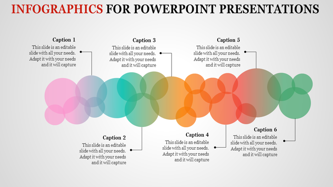 Infographics PowerPoint template with overlapping colorful circles and six caption areas.