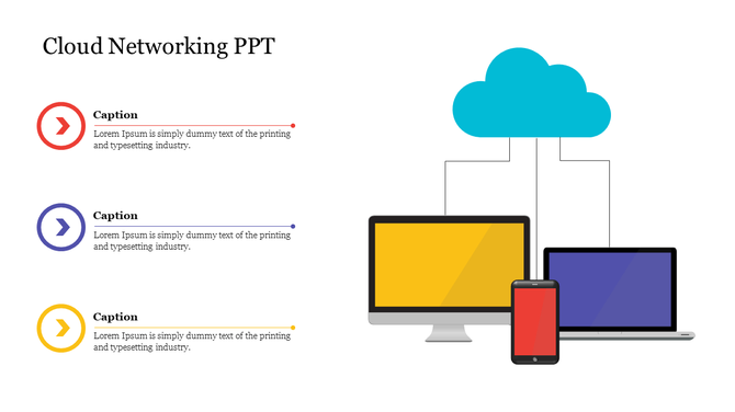 Cloud networking PowerPoint template with cloud and devices phone, laptop, and desktop connected with arrows and captions.