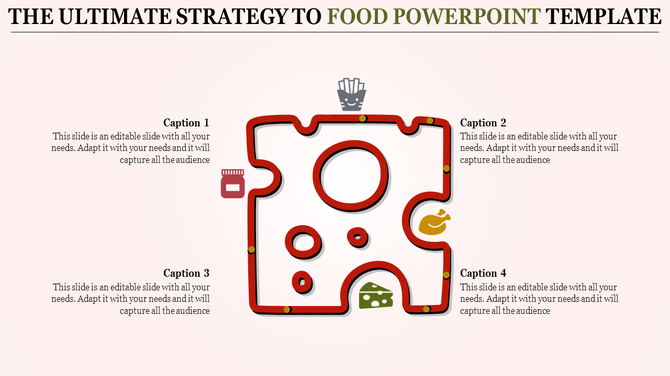 Creative food presentation template featuring puzzle shaped sections and food related icons.