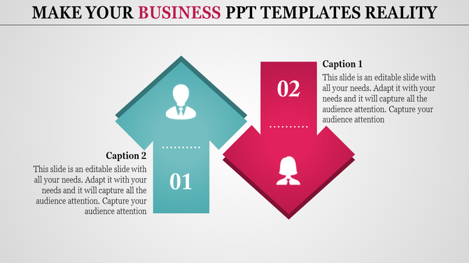 Business PowerPoint template featuring two arrows with person icons and captions for each step.