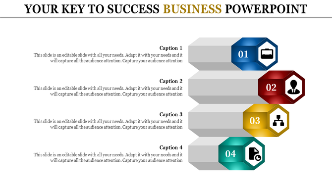 PowerPoint slide showcasing a business template with four sequential steps and corresponding icons with captions.